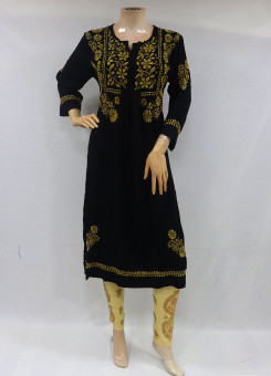 ISHIEQAs Chikankari Black Rayon Kurti-MV1003E