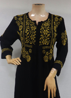 ISHIEQAs Chikankari Black Rayon Kurti-MV1003E