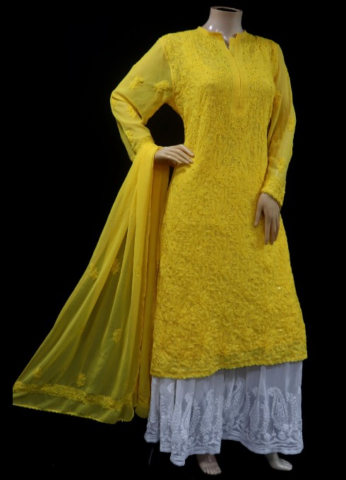 Knee Long Full Sleeves Ladies Yellow Embroidered Chikan Kurti at Rs 375 in  Lucknow