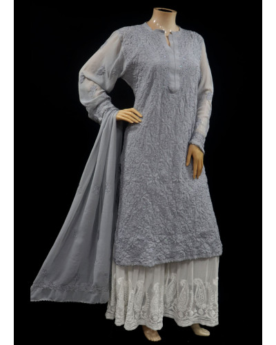 ISHIEQAs Chikankari-Embellished Georgette Grey Kurti-MV1001E