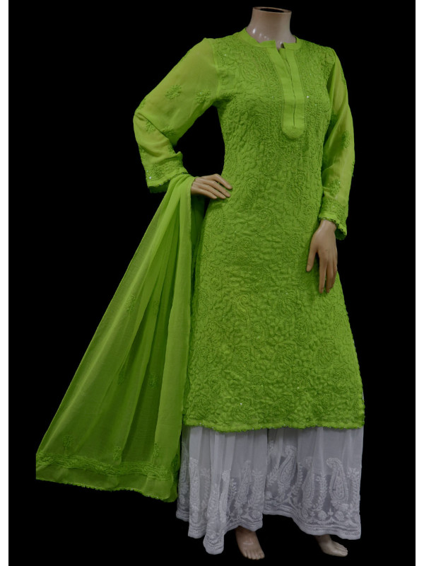 ISHIEQAs Chikankari-Embellished Georgette Green Kurti-MV1001E