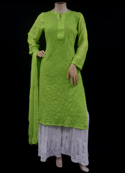 ISHIEQAs Chikankari-Embellished Georgette Green Kurti-MV1001E