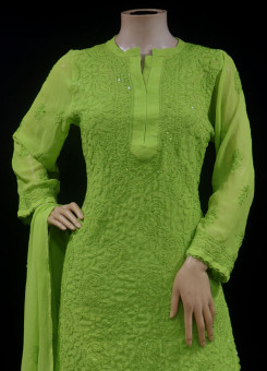 ISHIEQAs Chikankari-Embellished Georgette Green Kurti-MV1001E