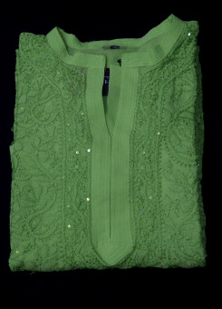 ISHIEQAs Chikankari-Embellished Georgette Green Kurti-MV1001E