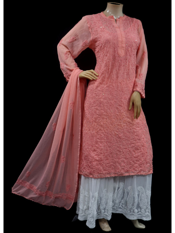 ISHIEQAs Chikankari-Embellished Georgette Peach-A Kurti-MV1001E