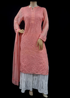 ISHIEQAs Chikankari-Embellished Georgette Peach-A Kurti-MV1001E