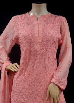 ISHIEQAs Chikankari-Embellished Georgette Peach-A Kurti-MV1001E