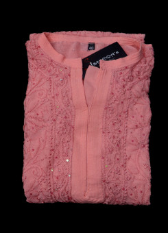 ISHIEQAs Chikankari-Embellished Georgette Peach-A Kurti-MV1001E