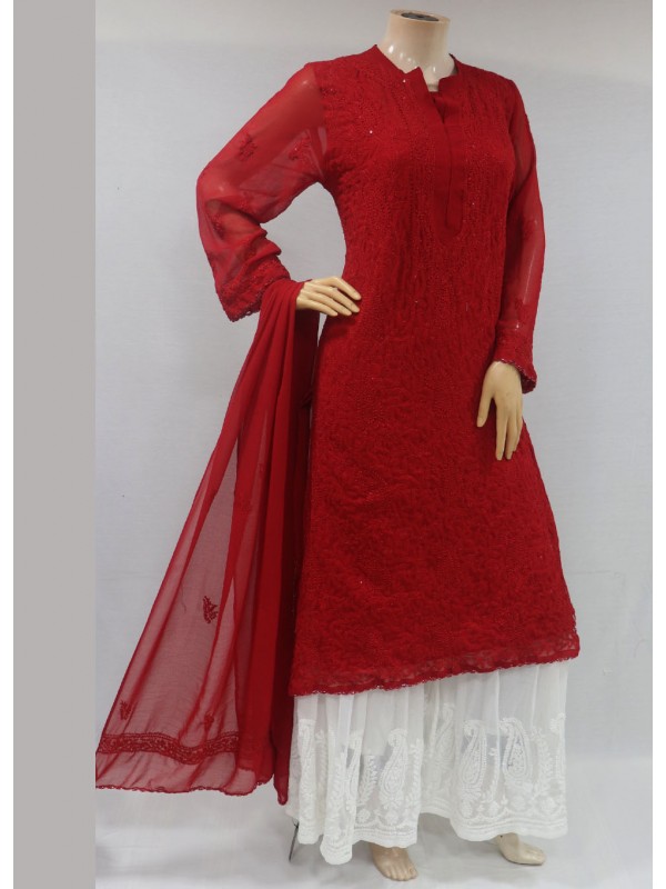 Buy Hand Embroidered Red Colour Lucknowi Chikankari Kurti-(Cotton)-GA250709  | www.maanacreation.com