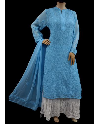 ISHIEQAs Chikankari-Embellished Georgette Blue Kurti-MV1001E