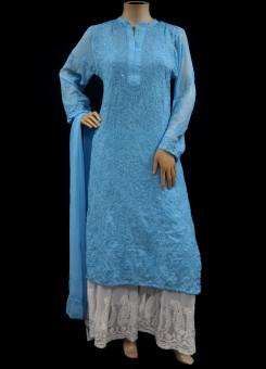 ISHIEQAs Chikankari-Embellished Georgette Blue Kurti-MV1001E