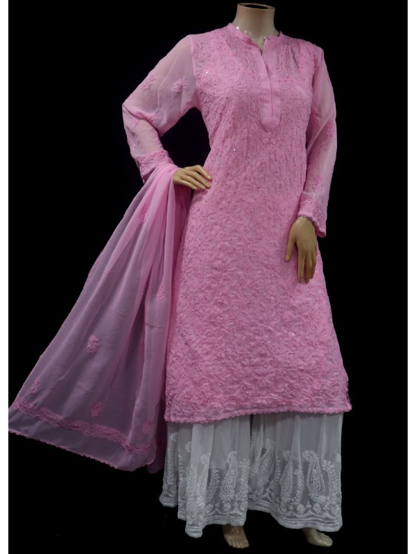 Pink plain georgette long-kurtis - siyani - 2995936