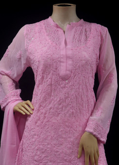 ISHIEQAs Chikankari-Embellished Georgette Pink Kurti-MV1001E