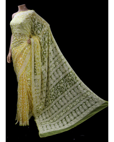 ISHIEQAs Chikankari Saree Yellow A Georgette - DC0202C