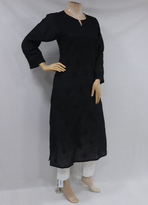 ISHIEQAs Black Cotton Chikankari Kurti-MV0101E