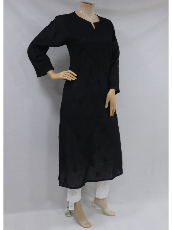 ISHIEQAs Black Cotton Chikankari Kurti-MV0101E