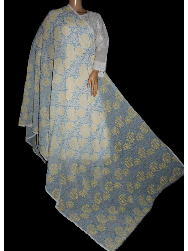 ISHIEQA's White-B Georgette Chikankari Dupatta - KL0112C