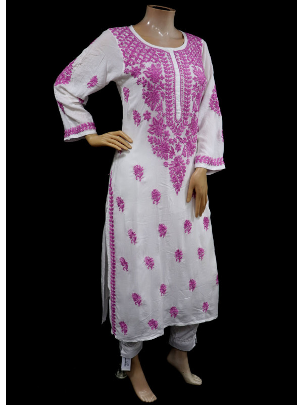 ISHIEQAs White-Dark Pink Rayon Chikankari Kurti-MV1202E