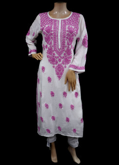ISHIEQAs White-Dark Pink Rayon Chikankari Kurti-MV1202E