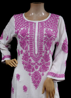 ISHIEQAs White-Dark Pink Rayon Chikankari Kurti-MV1202E