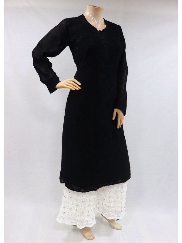 ISHIEQAs Black Pure Georgette Chikankari Kurti-MV1201E