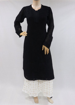 ISHIEQAs Black Pure Georgette Chikankari Kurti-MV1201E