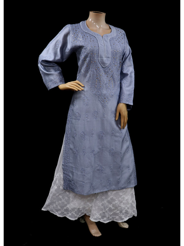 ISHIEQAs Chikankari-Grey Mukaish Chanderi Kurti-MV1301E