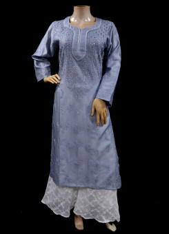 ISHIEQAs Chikankari-Grey Mukaish Chanderi Kurti-MV1301E