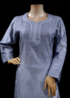 ISHIEQAs Chikankari-Grey Mukaish Chanderi Kurti-MV1301E
