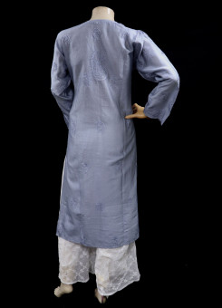 ISHIEQAs Chikankari-Grey Mukaish Chanderi Kurti-MV1301E