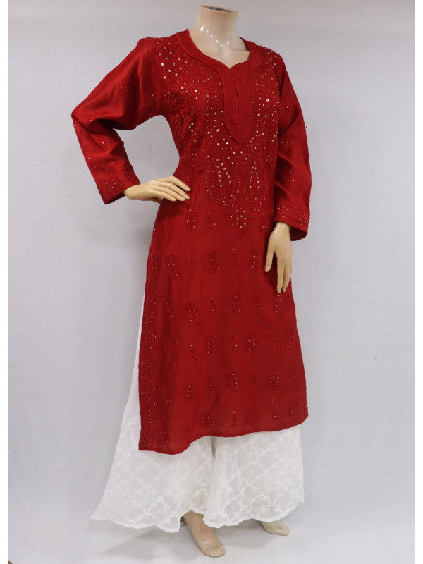 ISHIEQAs Chikankari-Red Mukaish Chanderi Kurti-MV1301E