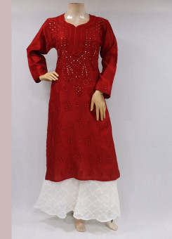 ISHIEQAs Chikankari-Red Mukaish Chanderi Kurti-MV1301E