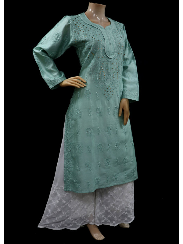 ISHIEQAs Chikankari-Sea Green Mukaish Chanderi Kurti-MV1301E