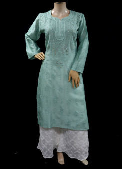 ISHIEQAs Chikankari-Sea Green Mukaish Chanderi Kurti-MV1301E
