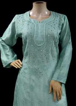 ISHIEQAs Chikankari-Sea Green Mukaish Chanderi Kurti-MV1301E