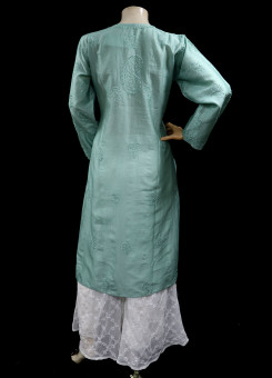 ISHIEQAs Chikankari-Sea Green Mukaish Chanderi Kurti-MV1301E