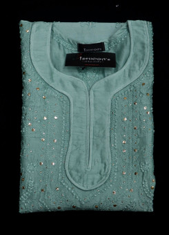 ISHIEQAs Chikankari-Sea Green Mukaish Chanderi Kurti-MV1301E