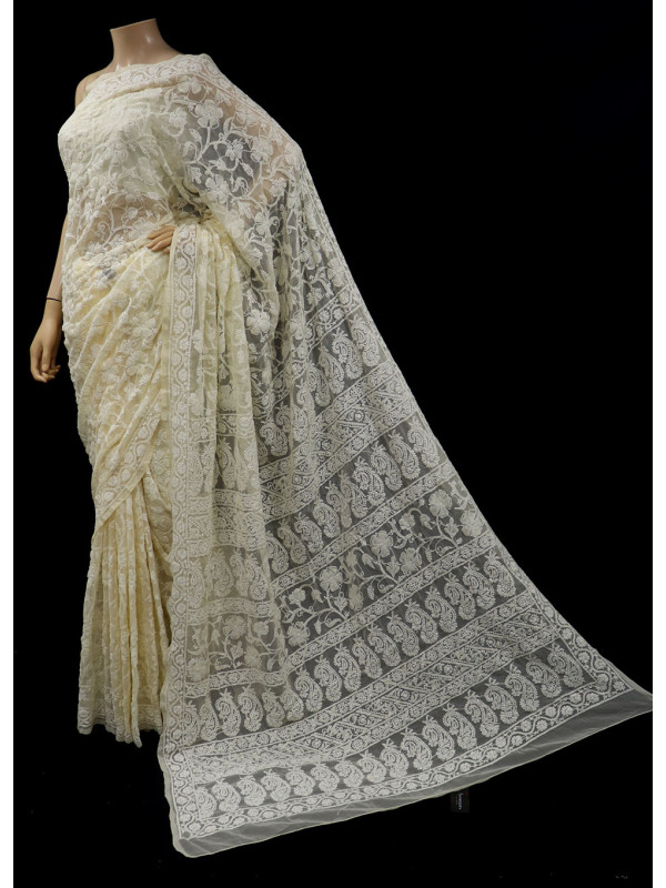 ISHIEQAs Chikankari Saree Beige A Georgette - DC0202C