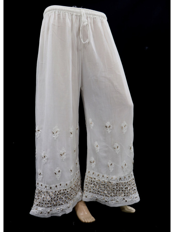 ISHIEQAs White Chiffon Chikankari Gotta Patti Plazzo - AN0111E