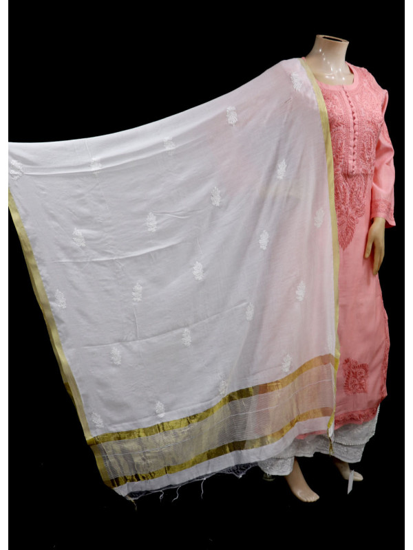 ISHIEQAs White B Chanderi Chikankari Dupatta- MV1408E
