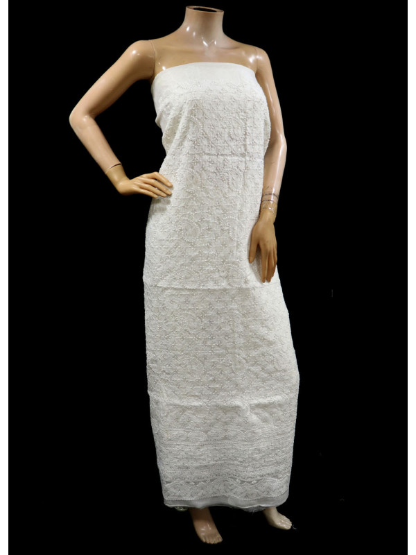 ISHIEQAs Chikan  White Chanderi Kurti Fabric - AN0105E