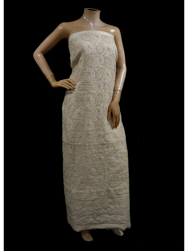 ISHIEQAs Chikan White-Beige Chanderi Kurti Fabric - AN0105E