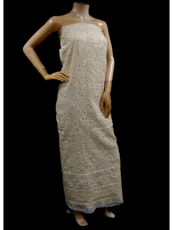 ISHIEQAs Chikan White-A Mukaish work Chanderi Kurti Fabric - AN0104E
