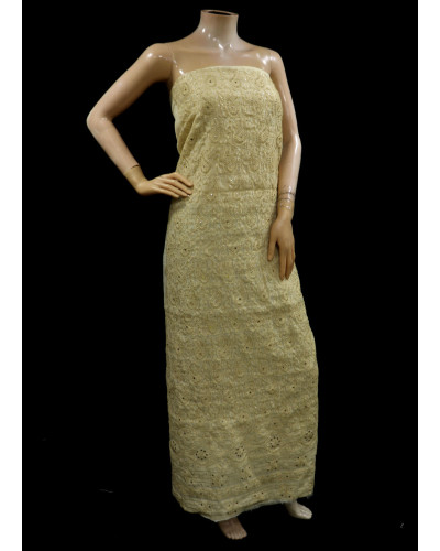 ISHIEQAs Chikan Beige Mukaish work Chanderi Kurti Fabric-AN0104E 