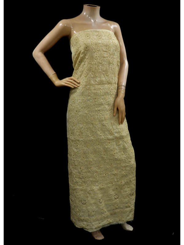 ISHIEQAs Chikan Beige Mukaish work Chanderi Kurti Fabric-AN0104E 