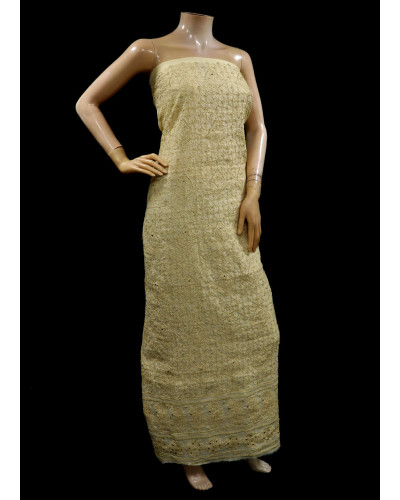 ISHIEQAs Chikan Beige-A Mukaish work Chanderi Kurti Fabric-AN0104E 