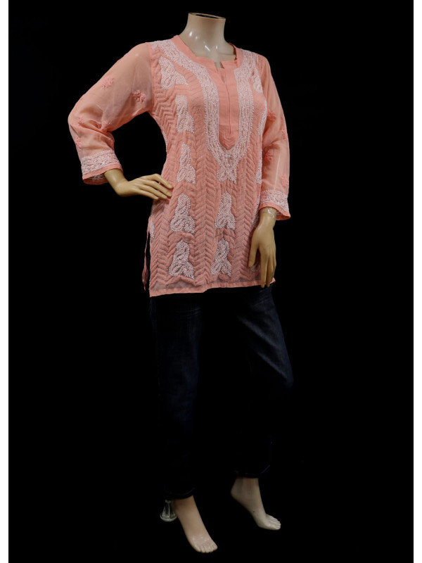 ISHIEQAs Light Orange Georgette Chikankari Top-MV1502F