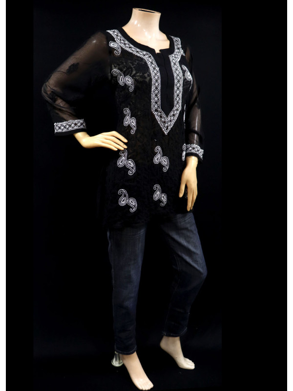 ISHIEQAs Black Georgette Chikankari Top-MV1502F