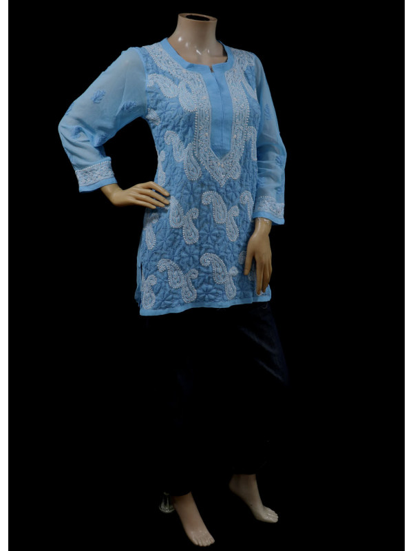 ISHIEQAs Blue Georgette Chikankari Top-MV1502F