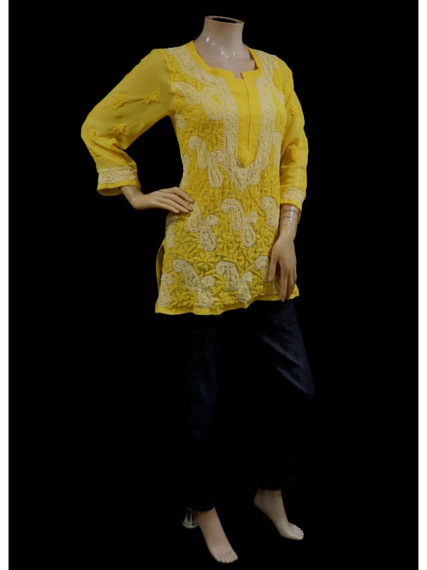 ISHIEQAs Yellow Georgette Chikankari Top-MV1502F